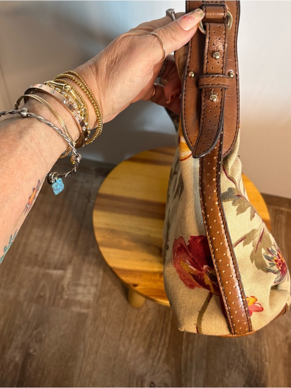 Etiene Aigner Beige Floral Canvas Shoulder Bag Vintage Cottagecore Boho - Picture 7 of 11